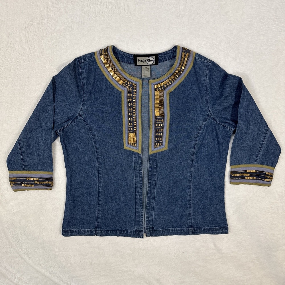Indigo Moon Petite Medium Denim 100% Cotton Beaded 3/4 Sleeve Jacket 90s Vintage
